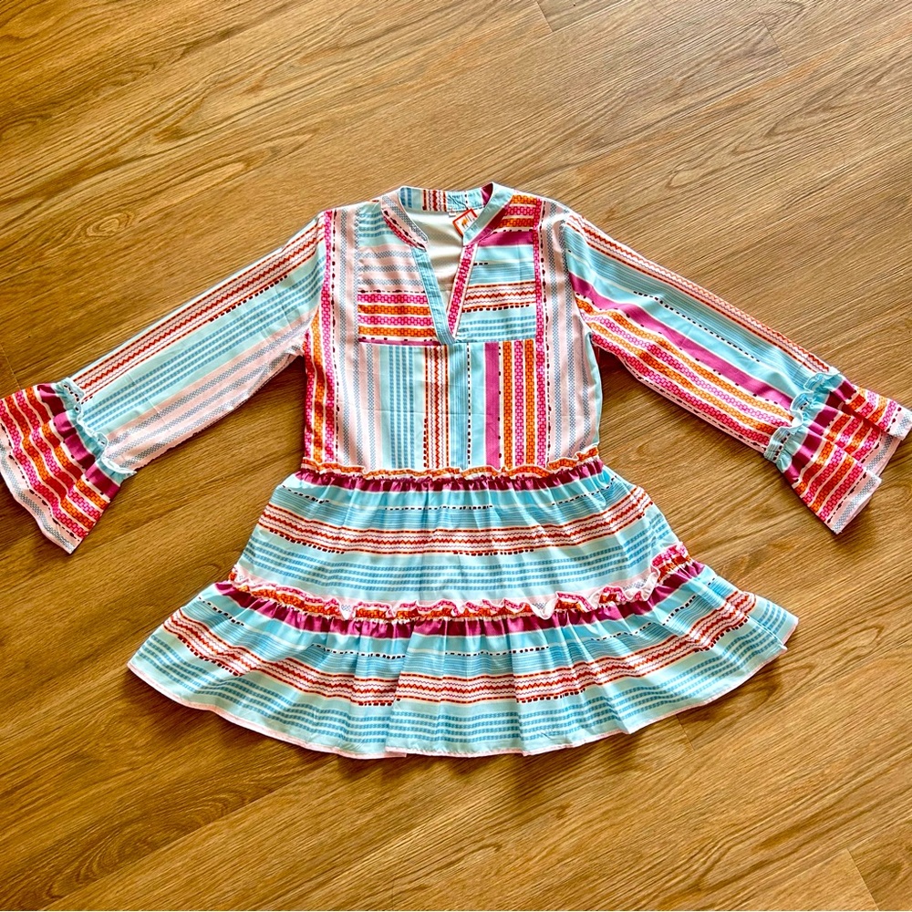 NWT Small Abstract Striped Floral Smock Dress Blue Pink Orange Cotton Blend